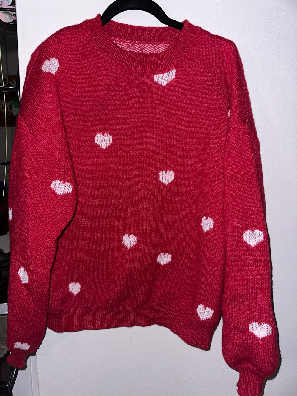 SHEIN Red Crewneck Sweater with White Heart Motif
